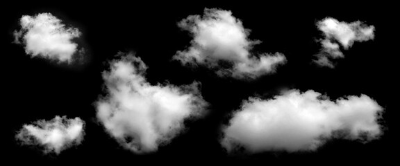 Set of fluffy white clouds isolated on black background, representing natural sky elements and soft mist texture, digital art and atmospheric design.
