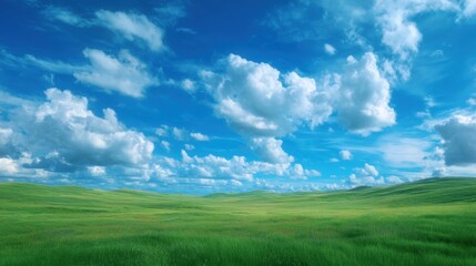 A large, open field with a clear blue sky and fluffy white clouds. The sky is so blue that it almost seems to be a different color. The clouds are scattered throughout the sky