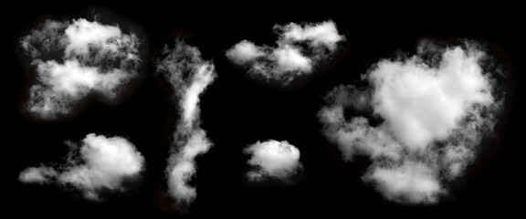 Set of fluffy white clouds isolated on black background, representing natural sky elements and soft mist texture, digital art and atmospheric design.