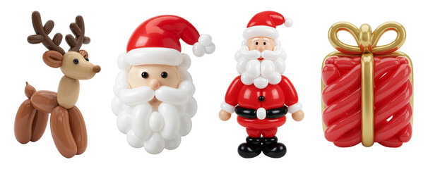 Fototapeta premium Christmas Balloon Sculptures – Cute Reindeer, Santa Claus, and Gift Box on Transparent Background