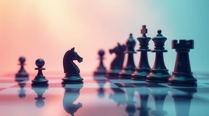 A strategic knight stands ready, poised for a decisive move on the chessboard, facing a formidable line of opposing pieces under dramatic lighting