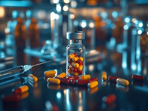 Cinematic close-up of medical syringes and a vial filled with multicolored capsule pills against a dark blue background with reflective surfaces, for pharmaceutical advertising and health concept 