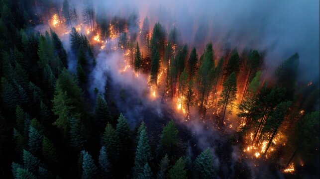 A forest fire is burning through a forest, with smoke and flames visible in the air. The trees are in various stages of burning, with some already charred and others still green. The sky is cloudy - Powered by Adobe