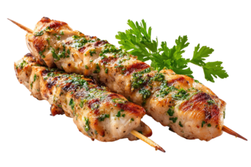 Grilled chicken skewers seasoned with herbs, presented on wooden sticks, and garnished with parsley