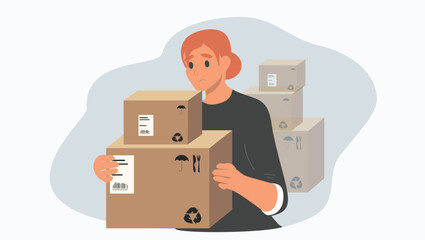 vector illustration in flat style. woman with stacks of boxes