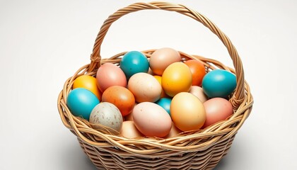 Naklejka premium A woven basket overflowing with vibrantly colored eggs sits on a pristine white background, colorful, painted eggs