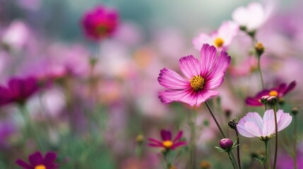 A field of pink flowers with a single purple flower in the foreground. The flowers are in full bloom and the overall mood of the image is peaceful and serene