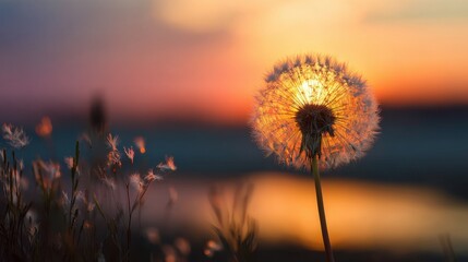 A dandelion is standing in the grass by a body of water. The sun is setting, casting a warm glow over the scene. The dandelion is the only object in focus