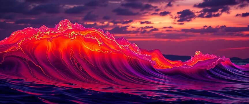 Fiery orange and purple hues paint abstract wave forms against a darkening sky,  peaceful,  digital art