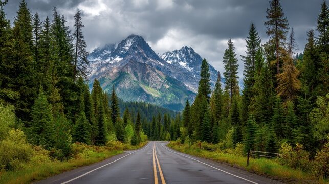 A road with a mountain range in the background. The road is empty and the sky is cloudy