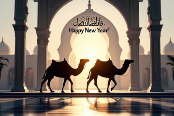 Camel silhouettes in front of an islamic archway