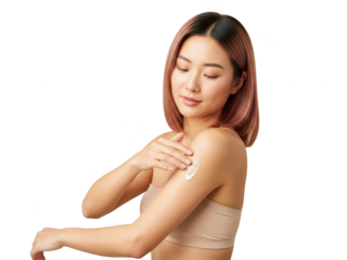 Young asian woman applying moisturizing cream to her arm for skincare.
