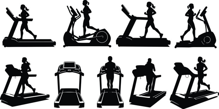 Fitness equipment icon set, treadmill and elliptical silhouette collection, workout graphics, black white vector, cad drawing flat vector illustration