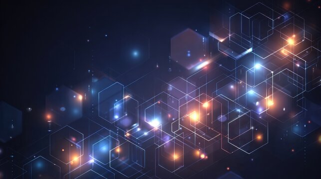 Abstract hexagonal geometric pattern with glowing blue and orange lights on dark background. Futuristic technology concept representing network connections and digital innovation. 3D rendered design