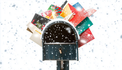 A mailbox overflowing with holiday cards and a sprinkle of snow.
