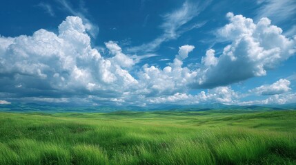Fototapeta premium A large field of grass with a few clouds in the sky. The sky is blue and the clouds are white
