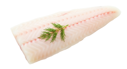 Fresh raw cod fillet with dill isolated PNG on transparent background, uncooked fish portion for healthy eating and gourmet seafood recipes