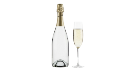 Elegant champagne bottle and flute isolated PNG, sparkling wine for celebrations and special occasions on transparent background