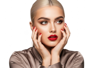 Blonde woman with red lipstick and nails, hands gently touching face, looking sideways