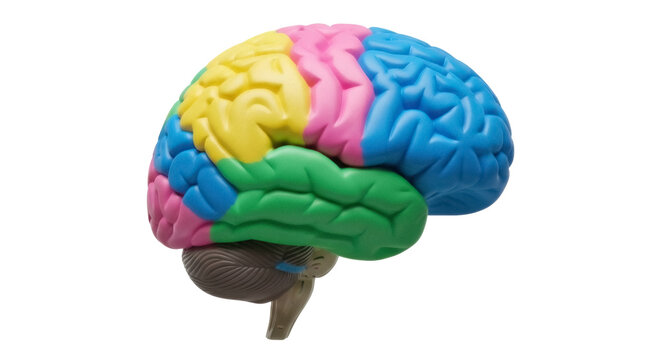Colorful human brain model isolated PNG, anatomical teaching aid on transparent background for medical education and neuroscience studies