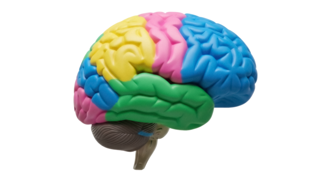 Colorful human brain model isolated PNG, anatomical teaching aid on transparent background for medical education and neuroscience studies