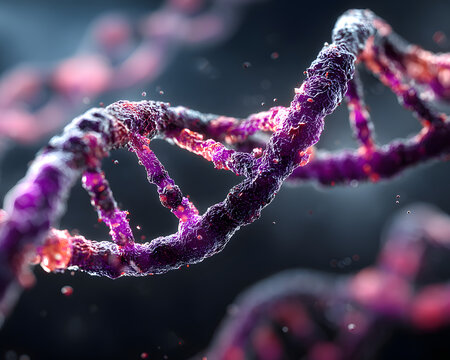 Close-up of a purple DNA strand against a dark background, symbolizing genetics.