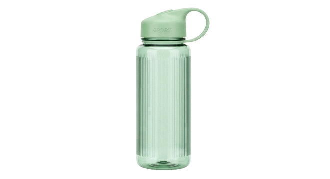 Light green reusable water bottle isolated PNG, eco-friendly sport container for hydration on transparent background