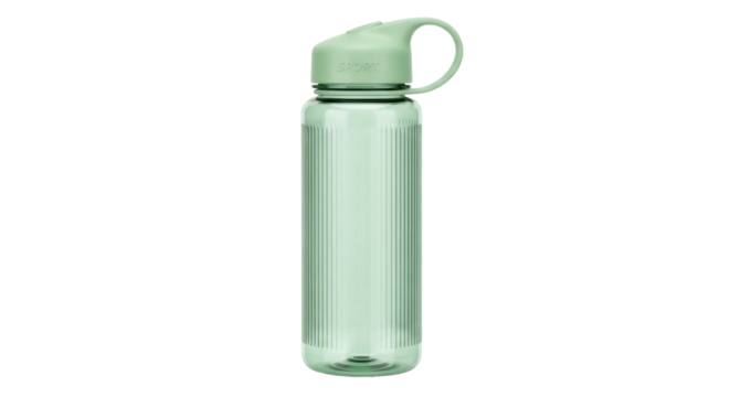 Light green reusable water bottle isolated PNG, eco-friendly sport container for hydration on transparent background