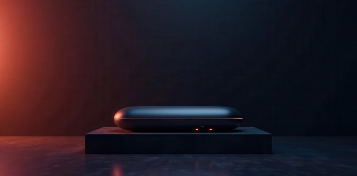 Sleek, dark gray oblong object rests on a simple, dark gray platform against a moody, dimly lit background with subtle warm and cool lighting accents.
