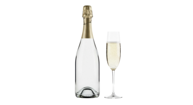 Elegant champagne bottle and flute isolated PNG, sparkling wine for celebrations and special occasions on transparent background - Powered by Adobe