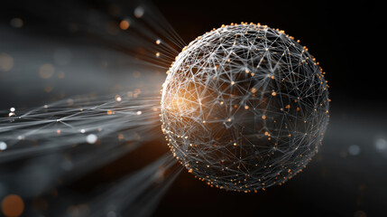 Abstract 3d sphere with interconnected lines and nodes, symbolizing a big data futuristic digital network .Digital Artificial Intelligence background with particles. 3D wireframe geometric sphere