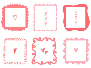 Pink hand drawn frames and borders with hearts. Valentines Day Frames.  Wave, curve lines, doodles, decorative patterns. Whimsical frames. Vector illustration.