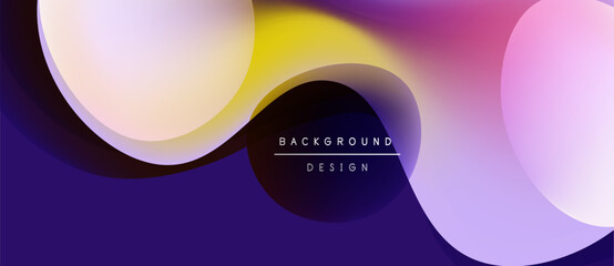 Abstract fluid shapes overlap, creating vibrant gradients. Purple, yellow, pink hues dominate design. Modern background element.