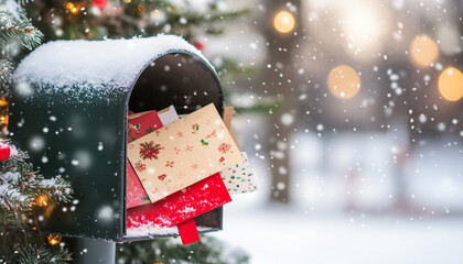 A mailbox overflowing with holiday cards and a sprinkle of snow.