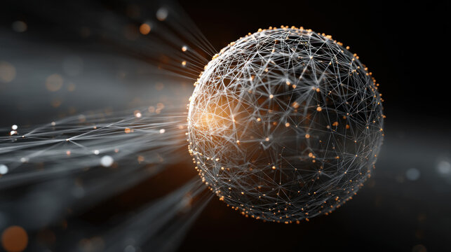 Abstract 3d sphere with interconnected lines and nodes, symbolizing a big data futuristic digital network .Digital Artificial Intelligence background with particles. 3D wireframe geometric sphere