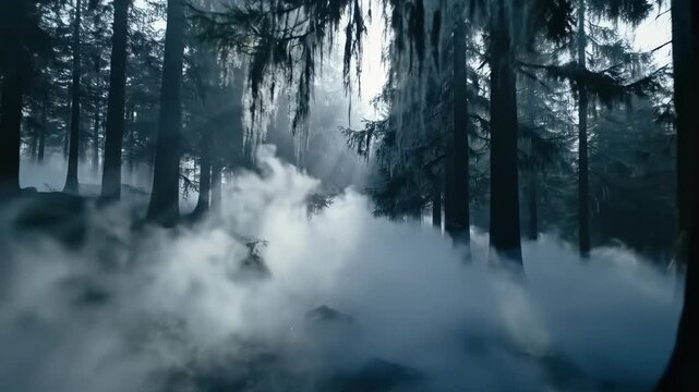 A quiet winter forest with soft fog drifting among snow covered trees