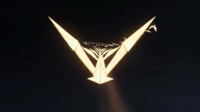 A glowing origami bat releasing a flock of paper birds