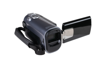 Modern Digital Camcorder with Open Flip-Screen on White Background