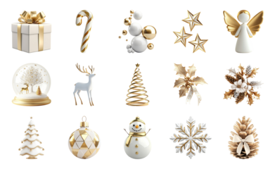 PNG Elegant gold white Christmas icons, element set on transparent background