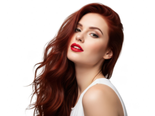 Stunning red-haired woman with long wavy hair, red lips, beauty portrait