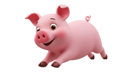 Pink cartoon pig running PNG isolated on transparent background, cute farm animal character for children s design and decoration