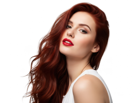 Stunning red-haired woman with long wavy hair, red lips, beauty portrait