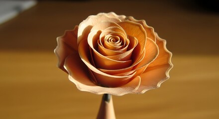 Close up of a single dried orange rose with delicate petals against a blurred wooden background