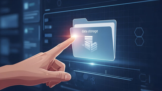 Modern data storage concept with finger touching virtual download button now