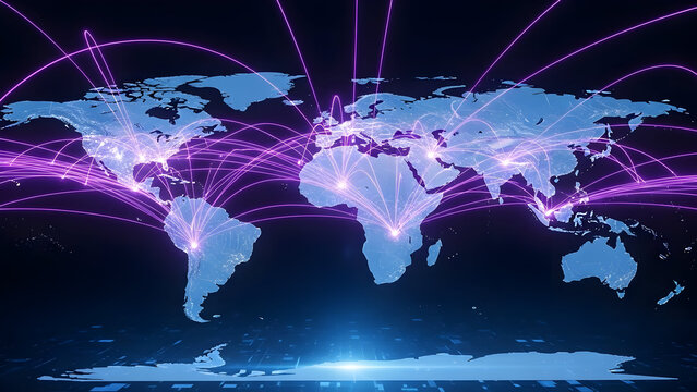 Global network connecting world map with modern technology and purple light