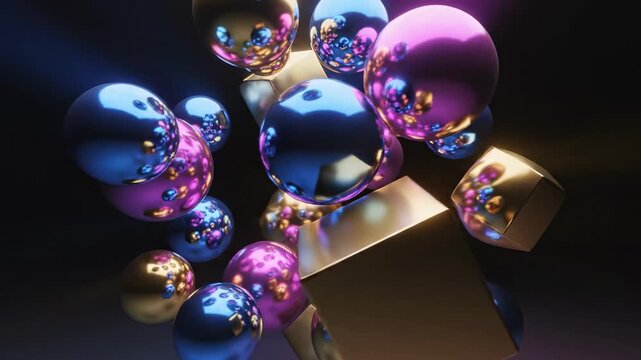 Dynamic abstract geometry featuring bright harmonizing spheres and cubes rotating and pulsating in a seamless three-dimensional loop network, evolution, system