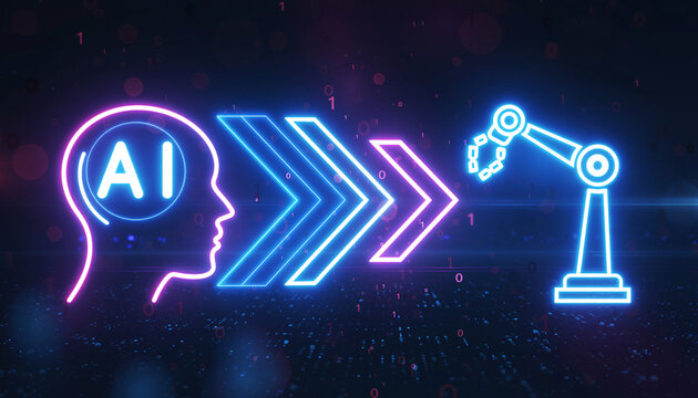 AI to Automation: An elegant representation of Artificial Intelligence morphing into industrial automation, with glowing neon outlines against a dark, tech-infused backdrop.