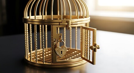 Ornate golden birdcage with open door and visible lock symbolizing freedom and escape