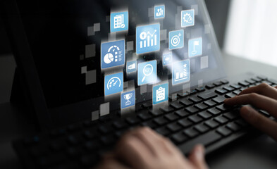 KPI icons show performance metrics, goals, and achievement measurement. KPI helps business track...