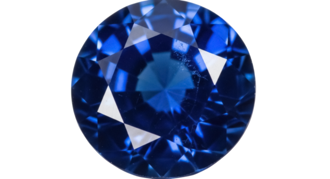Deep blue sapphire gemstone isolated PNG, round cut precious stone for jewelry design and luxury goods on transparent background